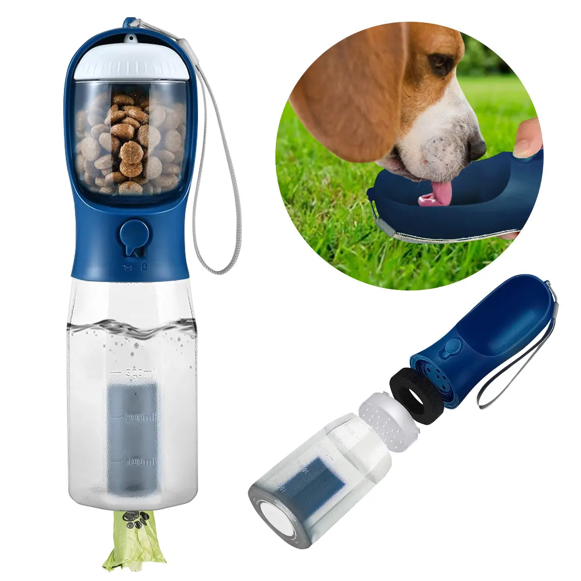 3In1 Pet Water Bottle with Built-In Filtration - 20Oz Bpa-Free Lock Seal Spill-Proof Container, Easy-To-Use, Poop Bag Dispenser, Food Storage for Travel, Hiking (Dog Feeding Supplies)