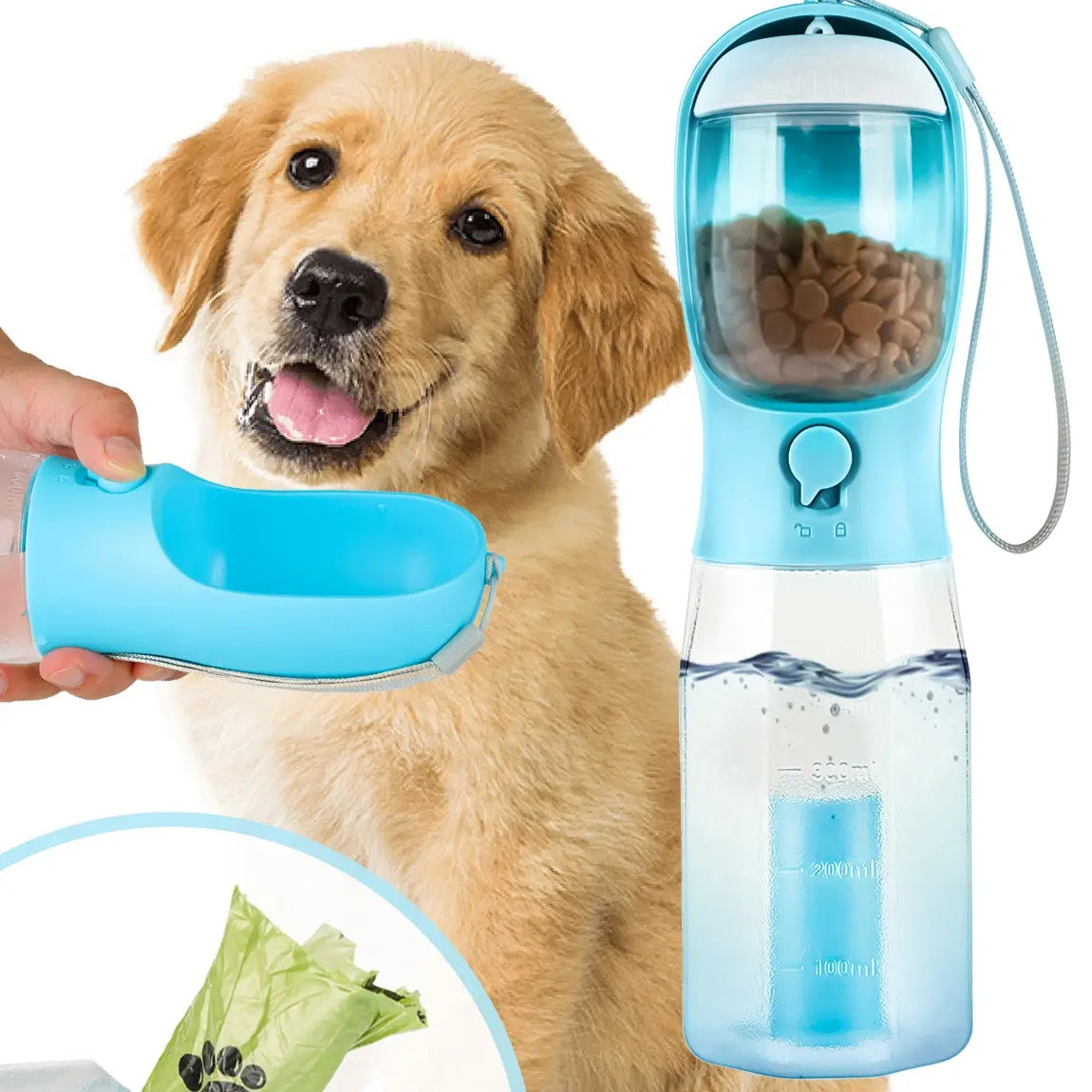 3In1 Pet Water Bottle with Built-In Filtration - 20Oz Bpa-Free Lock Seal Spill-Proof Container, Easy-To-Use, Poop Bag Dispenser, Food Storage for Travel, Hiking (Dog Feeding Supplies)