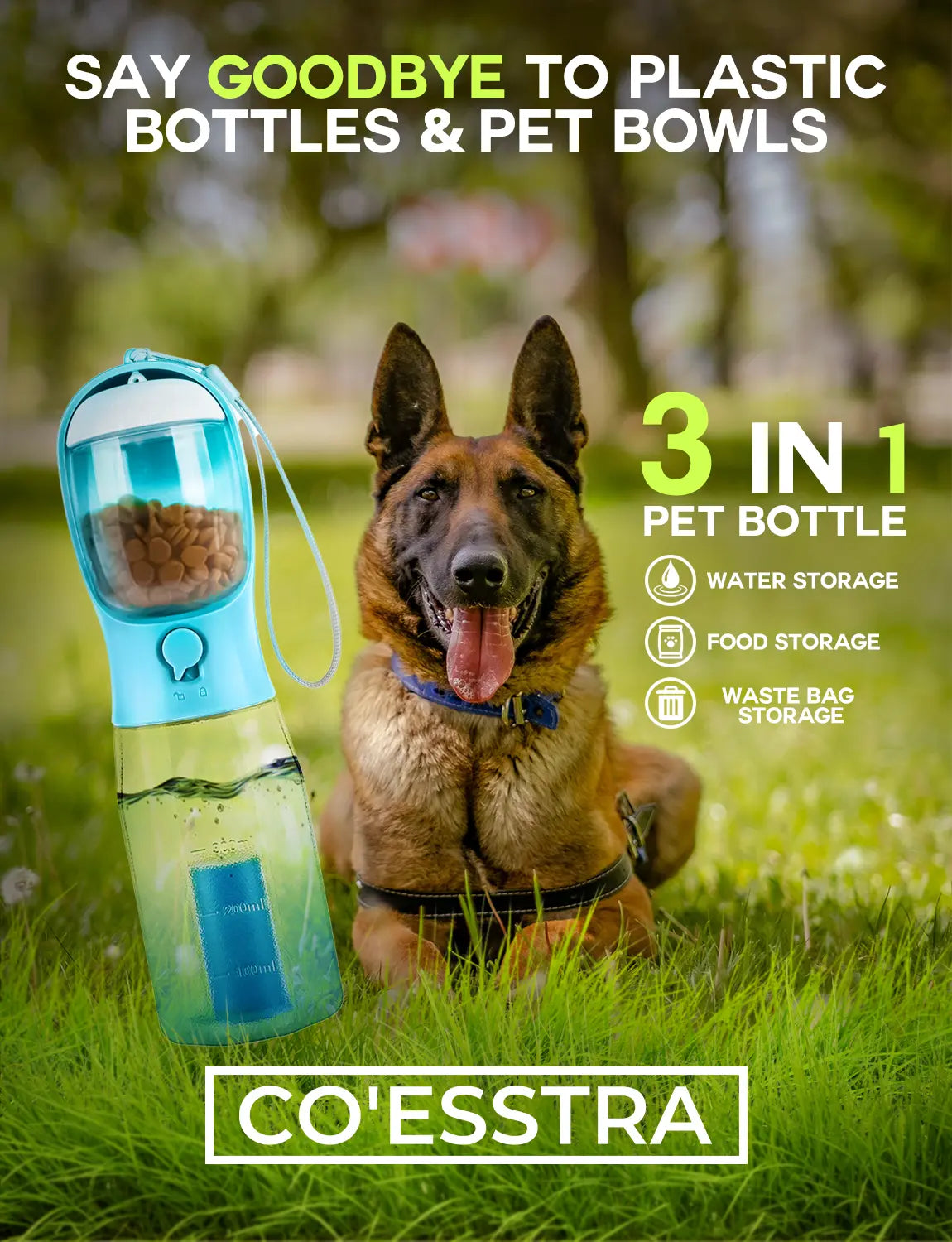 3In1 Pet Water Bottle with Built-In Filtration - 20Oz Bpa-Free Lock Seal Spill-Proof Container, Easy-To-Use, Poop Bag Dispenser, Food Storage for Travel, Hiking (Dog Feeding Supplies)