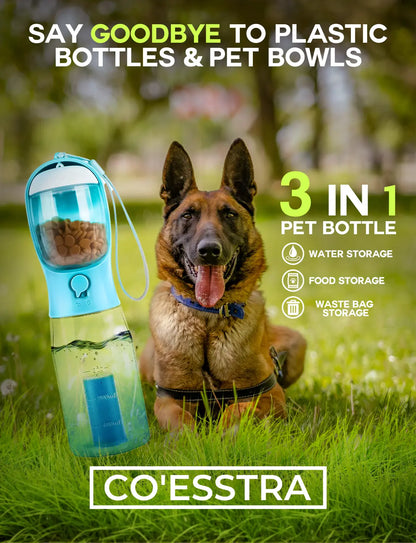 3In1 Pet Water Bottle with Built-In Filtration - 20Oz Bpa-Free Lock Seal Spill-Proof Container, Easy-To-Use, Poop Bag Dispenser, Food Storage for Travel, Hiking (Dog Feeding Supplies)
