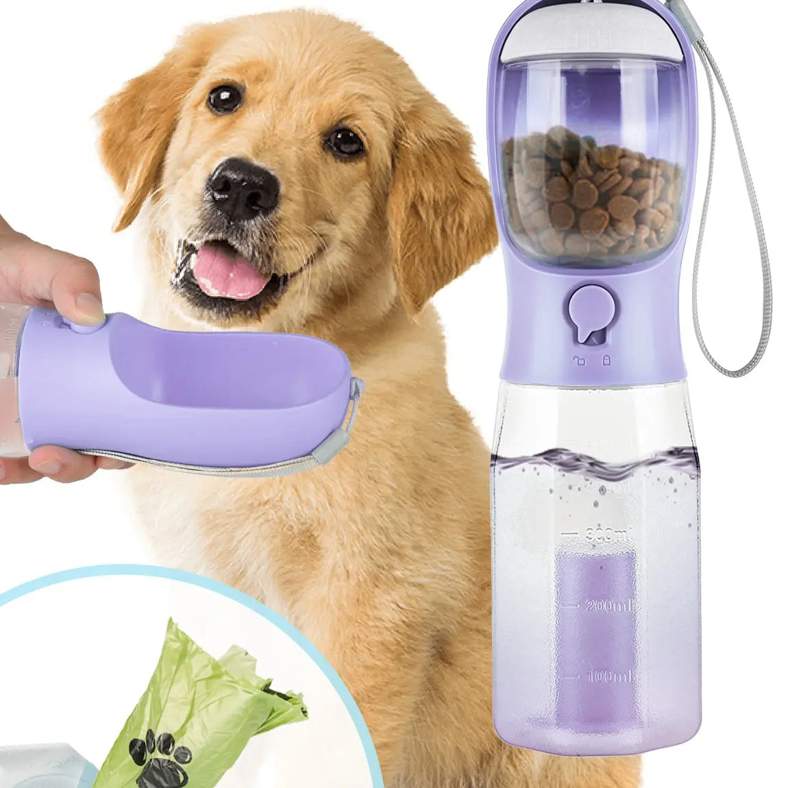 3In1 Pet Water Bottle with Built-In Filtration - 20Oz Bpa-Free Lock Seal Spill-Proof Container, Easy-To-Use, Poop Bag Dispenser, Food Storage for Travel, Hiking (Dog Feeding Supplies)