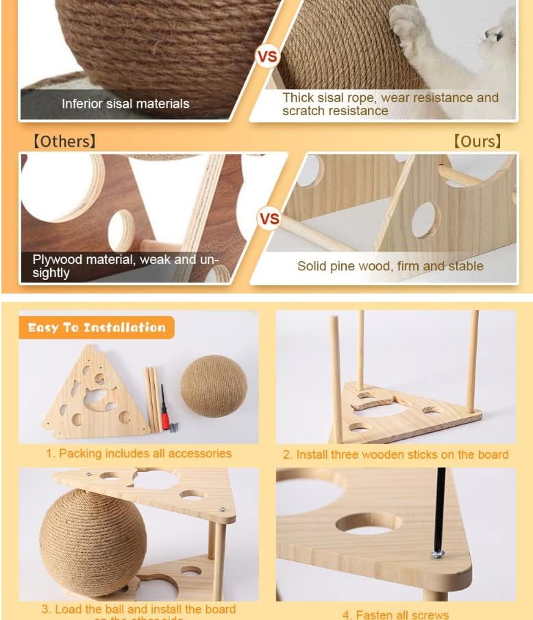 Interactive Natural Sisal Cat Scratching Ball Toy - Durable Solid Wood Base for Cats, Kittens, and Puppies with Free Catnip Included!
