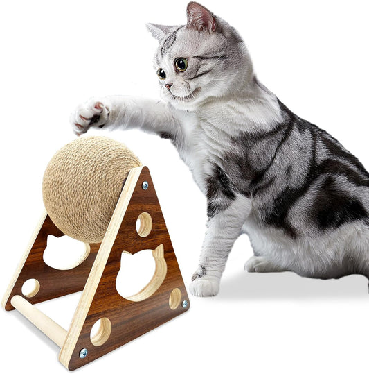 Interactive Natural Sisal Cat Scratching Ball Toy - Durable Solid Wood Base for Cats, Kittens, and Puppies with Free Catnip Included!