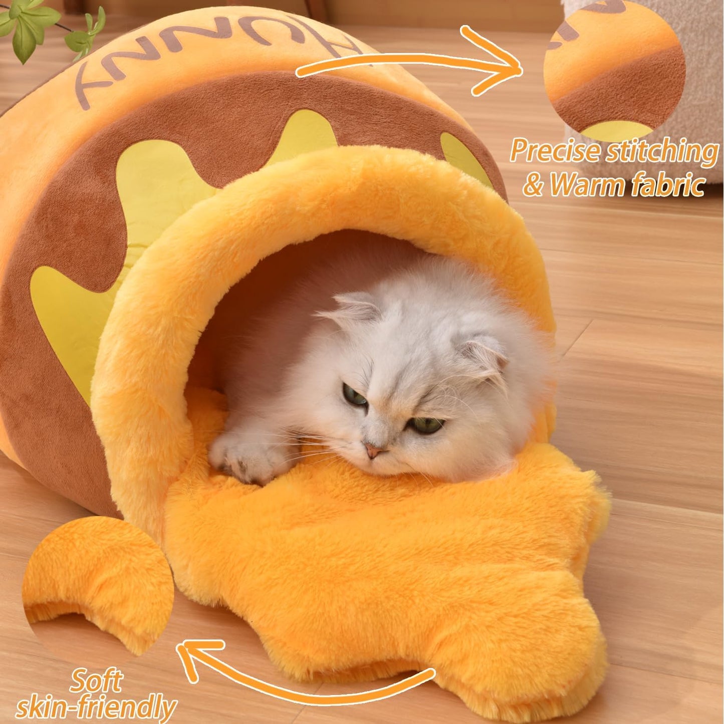 Cozy Honey Pot Cat Cave Bed - Plush, Washable Nest with Adorable Cartoon Design for Small Cats and Dogs