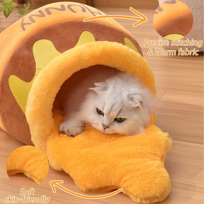 Cozy Honey Pot Cat Cave Bed - Plush, Washable Nest with Adorable Cartoon Design for Small Cats and Dogs