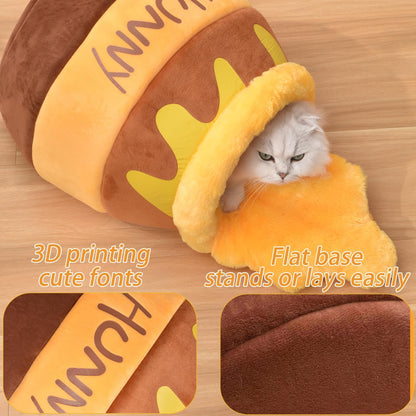 Cozy Honey Pot Cat Cave Bed - Plush, Washable Nest with Adorable Cartoon Design for Small Cats and Dogs