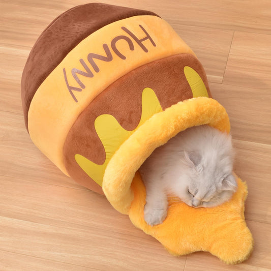 Cozy Honey Pot Cat Cave Bed - Plush, Washable Nest with Adorable Cartoon Design for Small Cats and Dogs