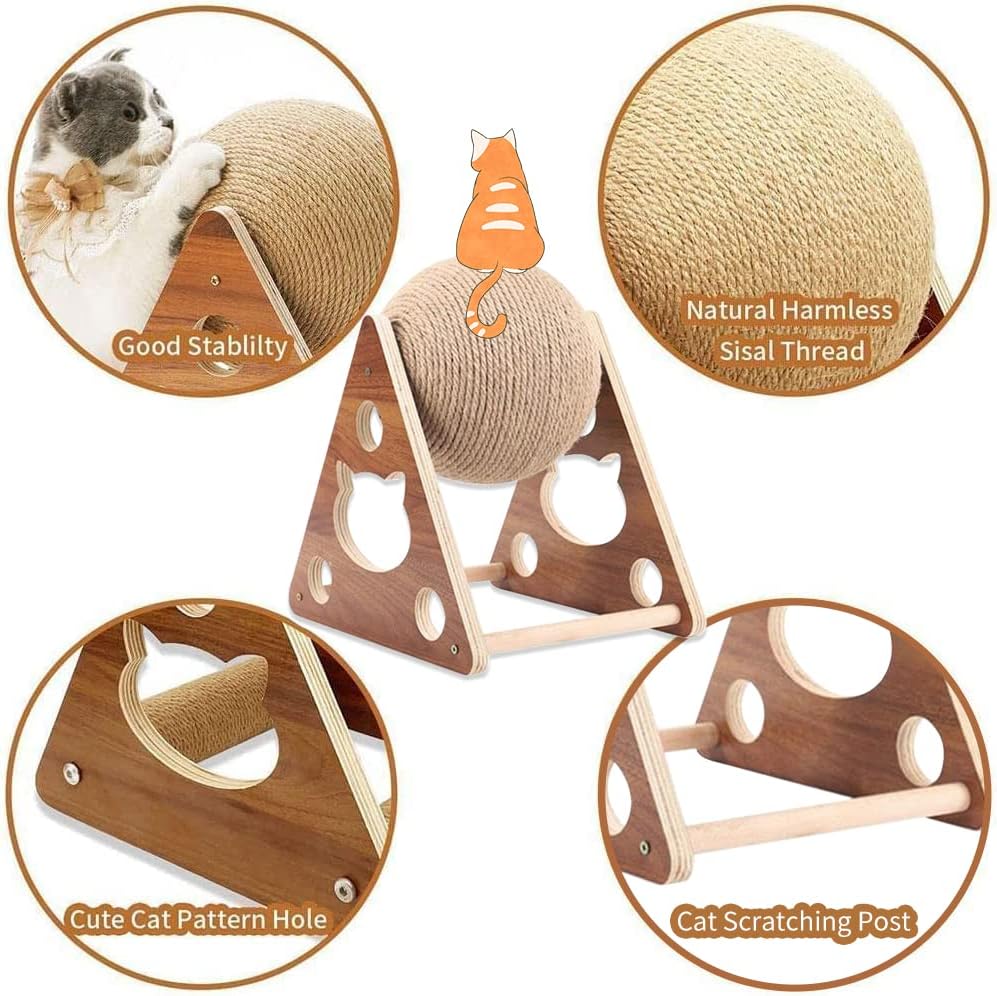 Interactive Natural Sisal Cat Scratching Ball Toy - Durable Solid Wood Base for Cats, Kittens, and Puppies with Free Catnip Included!