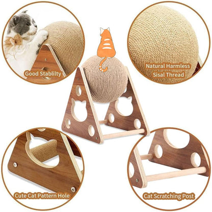 Interactive Natural Sisal Cat Scratching Ball Toy - Durable Solid Wood Base for Cats, Kittens, and Puppies with Free Catnip Included!