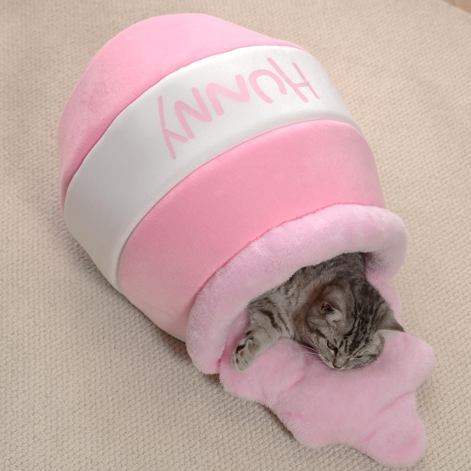 Cozy Honey Pot Cat Cave Bed - Plush, Washable Nest with Adorable Cartoon Design for Small Cats and Dogs