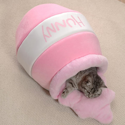 Cozy Honey Pot Cat Cave Bed - Plush, Washable Nest with Adorable Cartoon Design for Small Cats and Dogs
