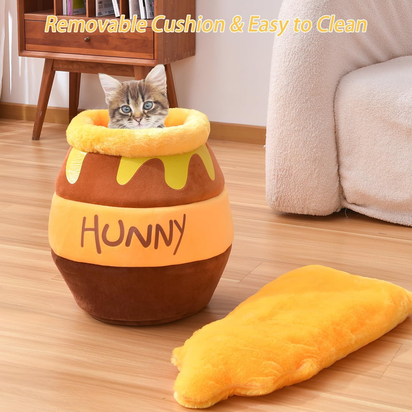 Cozy Honey Pot Cat Cave Bed - Plush, Washable Nest with Adorable Cartoon Design for Small Cats and Dogs