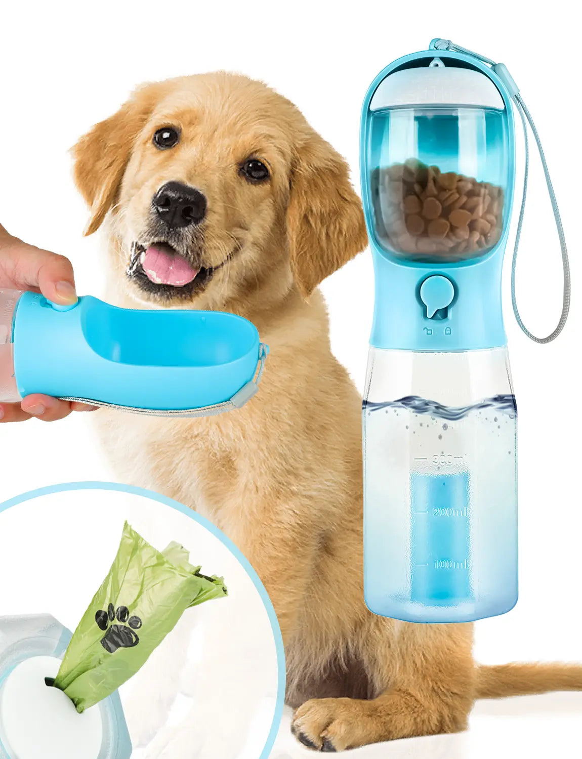 3In1 Pet Water Bottle with Built-In Filtration - 20Oz Bpa-Free Lock Seal Spill-Proof Container, Easy-To-Use, Poop Bag Dispenser, Food Storage for Travel, Hiking (Dog Feeding Supplies)