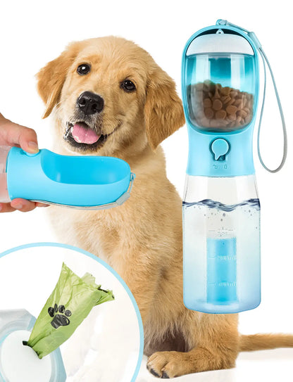 3In1 Pet Water Bottle with Built-In Filtration - 20Oz Bpa-Free Lock Seal Spill-Proof Container, Easy-To-Use, Poop Bag Dispenser, Food Storage for Travel, Hiking (Dog Feeding Supplies)