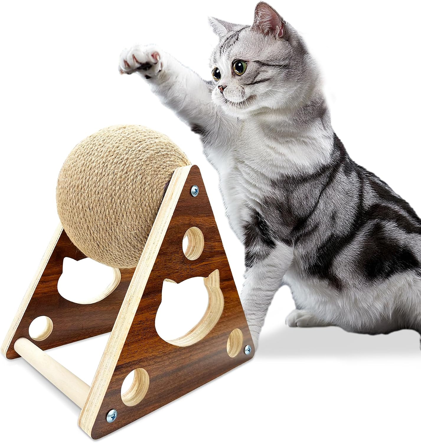 Interactive Natural Sisal Cat Scratching Ball Toy - Durable Solid Wood Base for Cats, Kittens, and Puppies with Free Catnip Included!