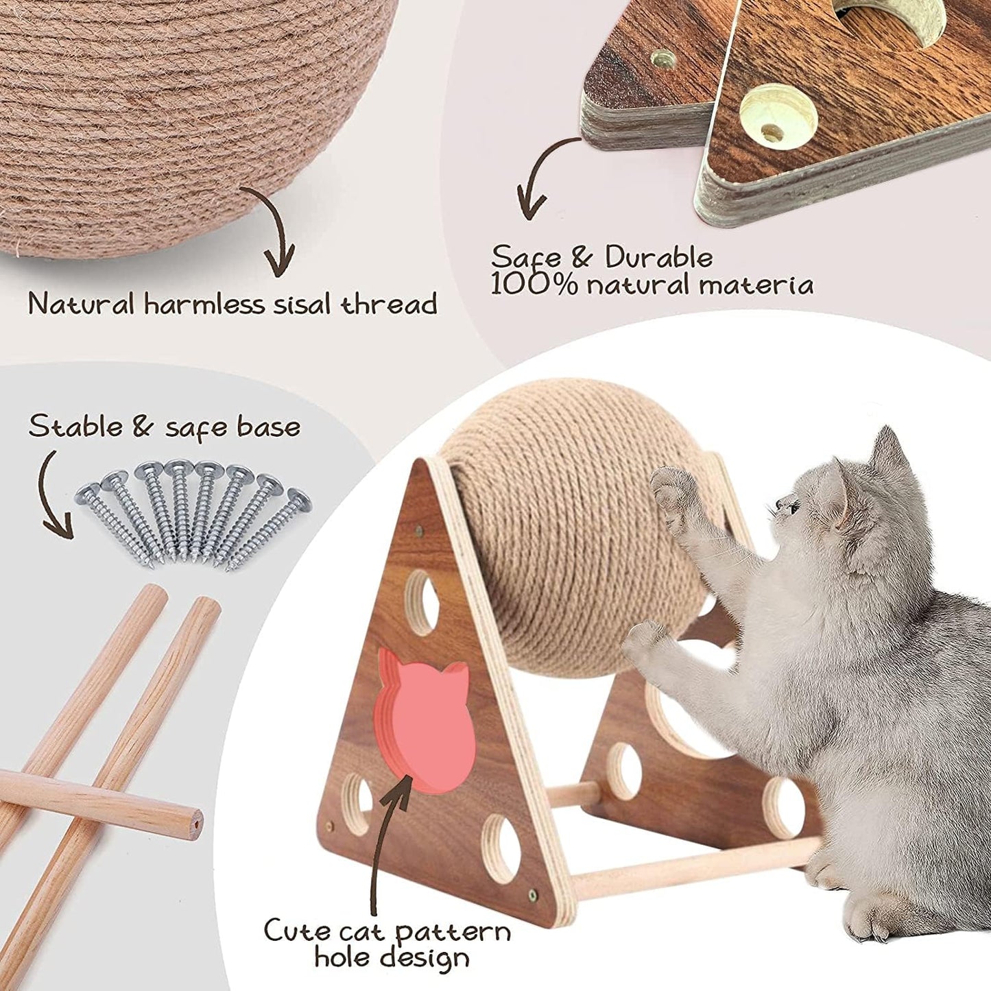 Interactive Natural Sisal Cat Scratching Ball Toy - Durable Solid Wood Base for Cats, Kittens, and Puppies with Free Catnip Included!