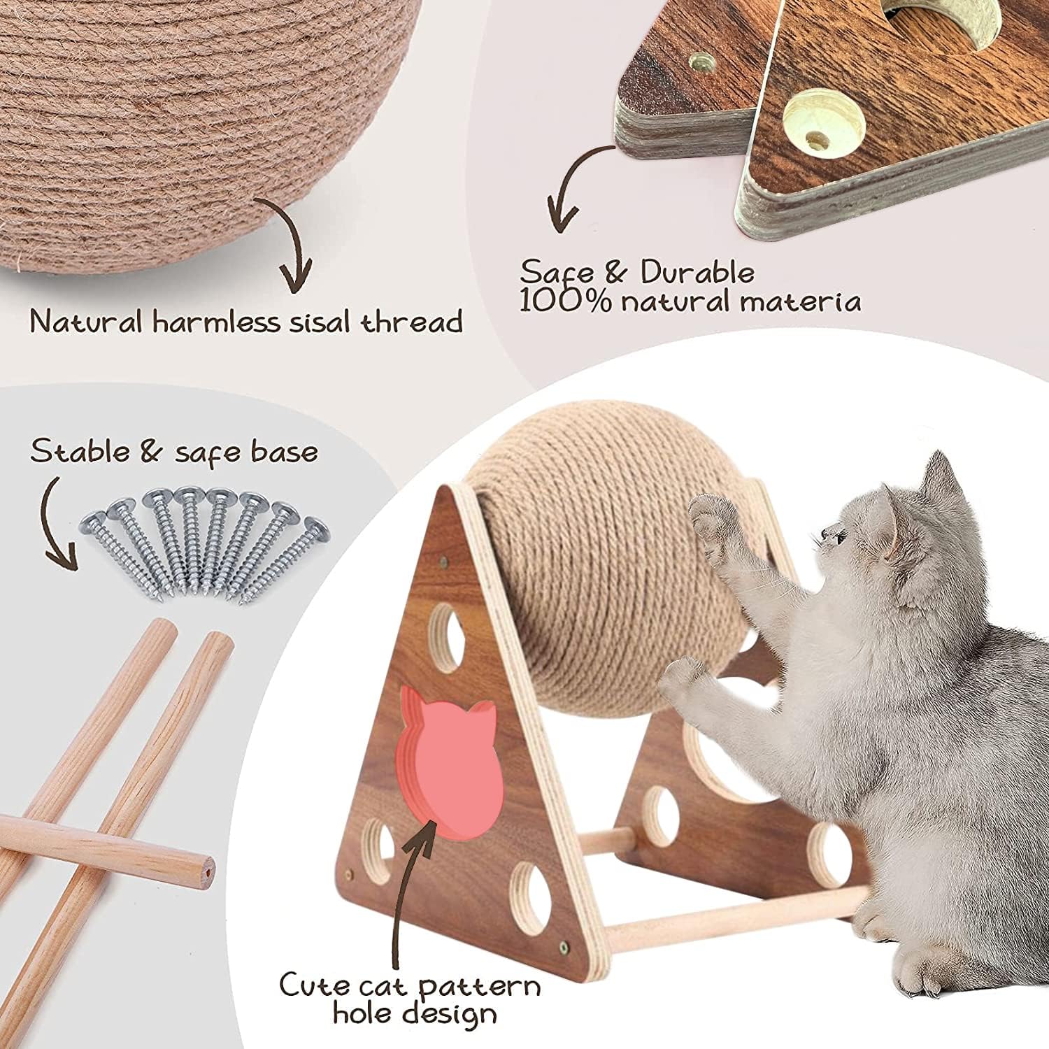Interactive Natural Sisal Cat Scratching Ball Toy - Durable Solid Wood Base for Cats, Kittens, and Puppies with Free Catnip Included!