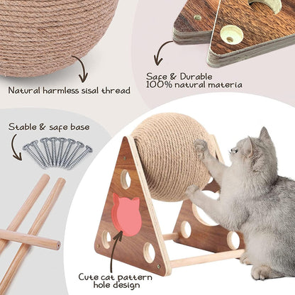 Interactive Natural Sisal Cat Scratching Ball Toy - Durable Solid Wood Base for Cats, Kittens, and Puppies with Free Catnip Included!