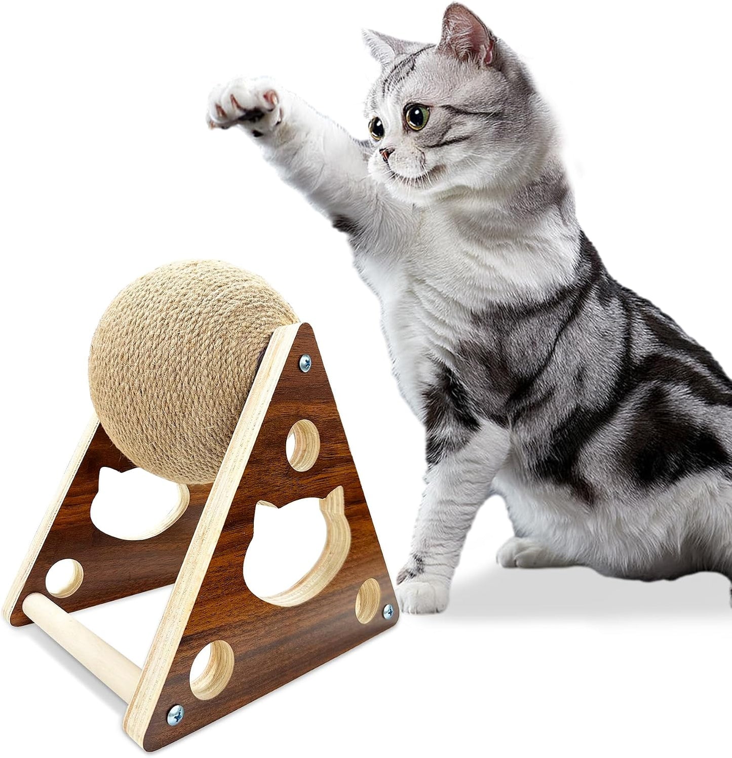Interactive Natural Sisal Cat Scratching Ball Toy - Durable Solid Wood Base for Cats, Kittens, and Puppies with Free Catnip Included!