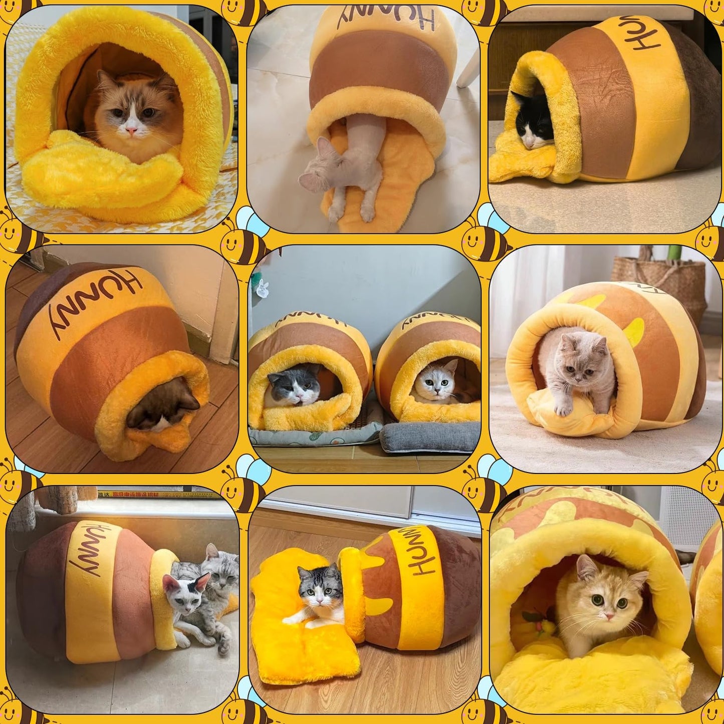 Cozy Honey Pot Cat Cave Bed - Plush, Washable Nest with Adorable Cartoon Design for Small Cats and Dogs