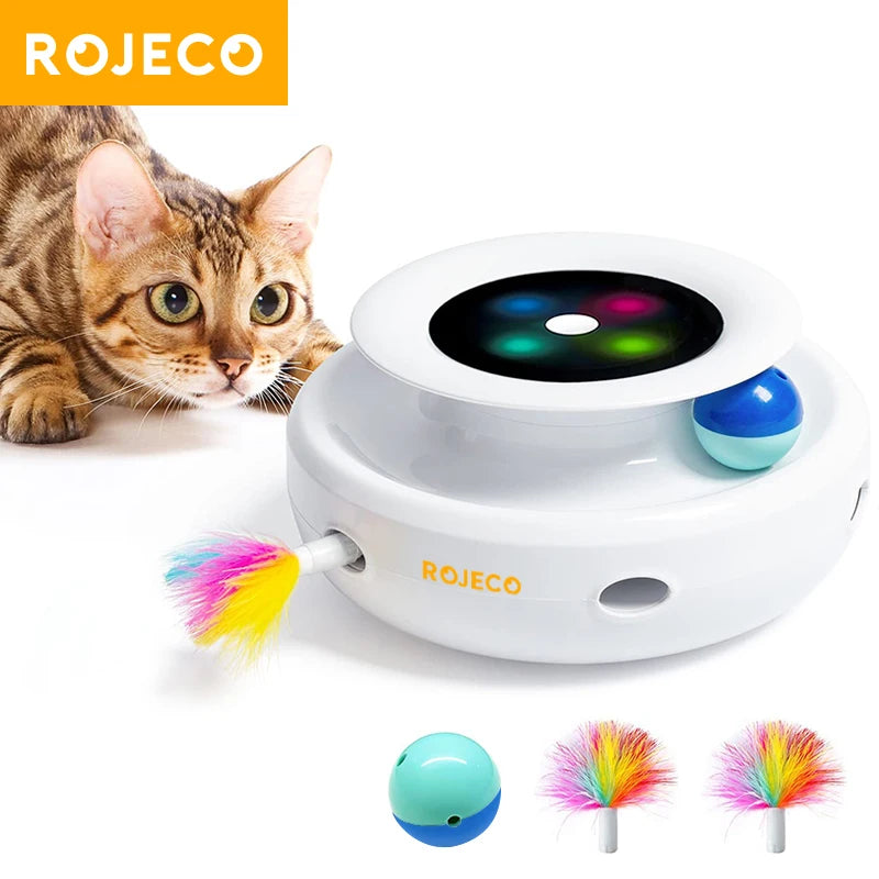Engaging ROJECO 2-in-1 Automatic Cat Teaser Toy Set with Feather and Fun Balls - Interactive Electronic Play for Cats and Dogs!