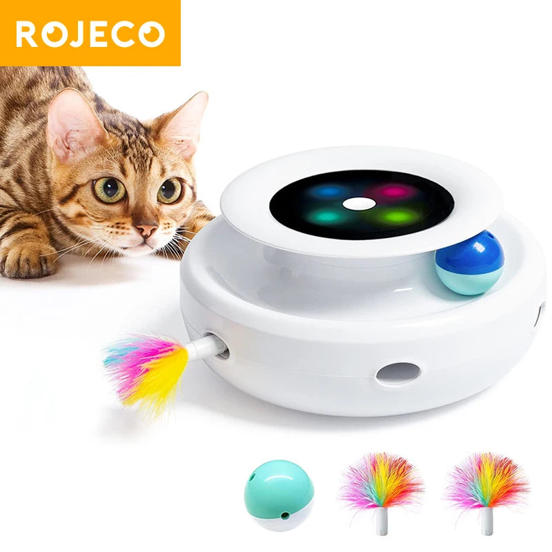 Engaging ROJECO 2-in-1 Automatic Cat Teaser Toy Set with Feather and Fun Balls - Interactive Electronic Play for Cats and Dogs!