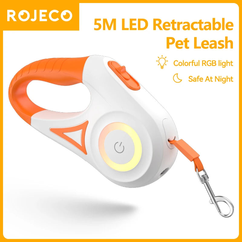 ROJECO 5M Retractable Dog Leash with LED Lights - Stylish and Safe Walking for Your Puppy