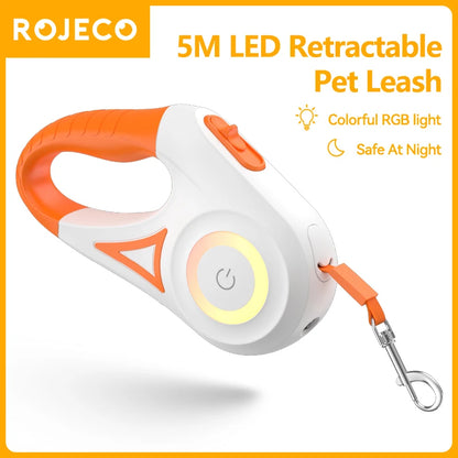 ROJECO 5M Retractable Dog Leash with LED Lights - Stylish and Safe Walking for Your Puppy
