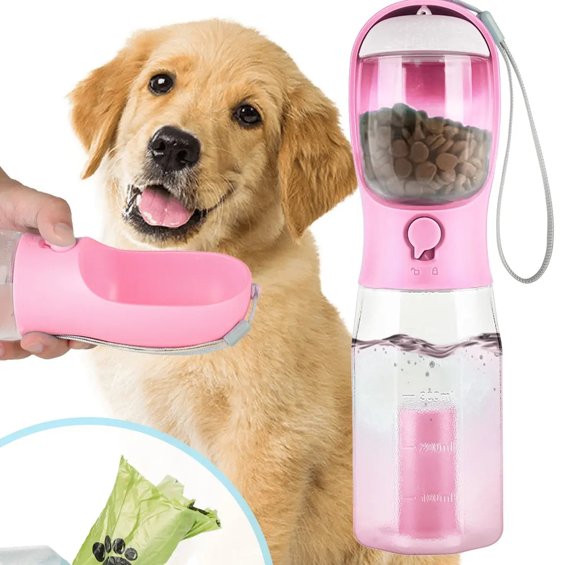3In1 Pet Water Bottle with Built-In Filtration - 20Oz Bpa-Free Lock Seal Spill-Proof Container, Easy-To-Use, Poop Bag Dispenser, Food Storage for Travel, Hiking (Dog Feeding Supplies)