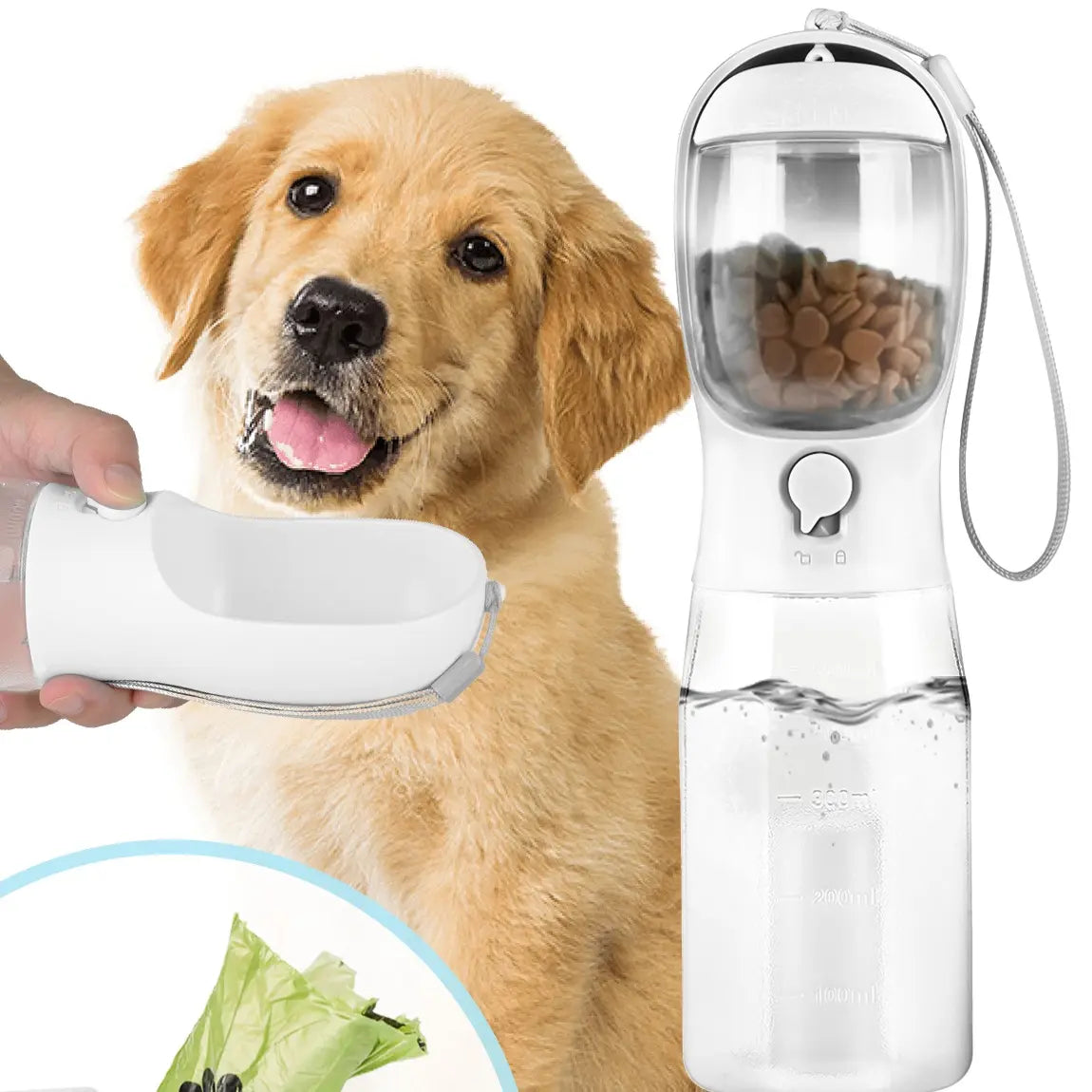 3In1 Pet Water Bottle with Built-In Filtration - 20Oz Bpa-Free Lock Seal Spill-Proof Container, Easy-To-Use, Poop Bag Dispenser, Food Storage for Travel, Hiking (Dog Feeding Supplies)